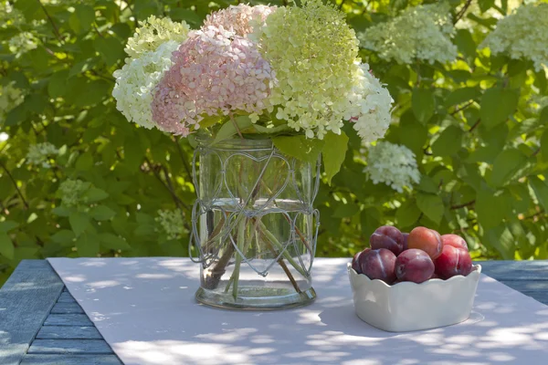Skål med plommon och en vas med hortensior — Stockfoto
