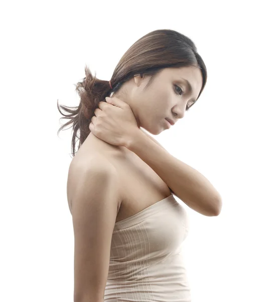 Sintoma de dor no pescoço, modelo feminino isolado em fundo branco — Fotografia de Stock
