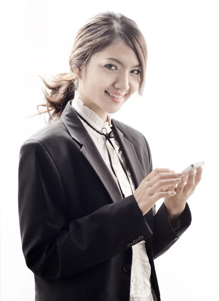 Wanita Asia dalam pakaian bisnis di latar belakang putih — Stok Foto