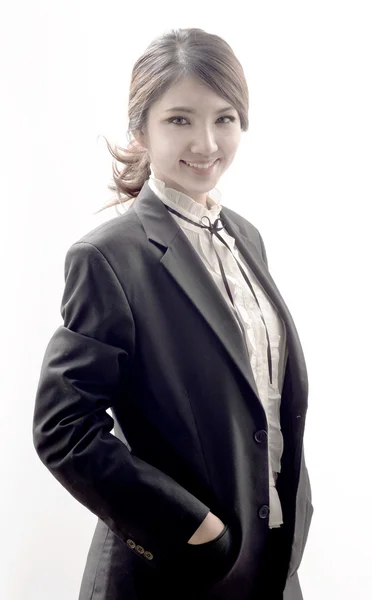 Aziatische vrouw in het bedrijfsleven kijken geïsoleerd op witte achtergrond — Stockfoto
