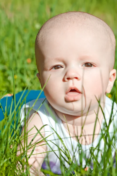 Little baby laying on the grass in park — Stock Photo, Image