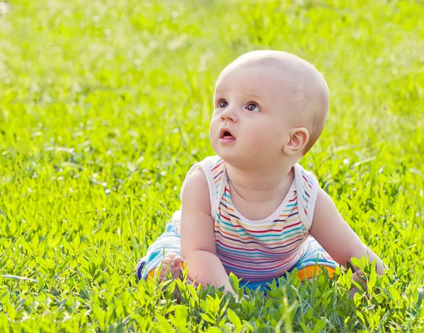 Bayi kecil duduk di rumput di taman — Stok Foto