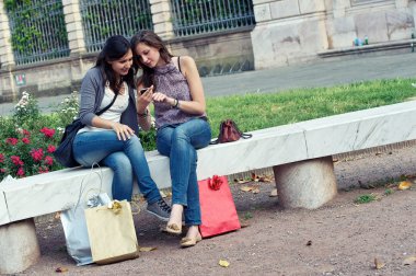 Two girlfriends in park with a mobile phone clipart