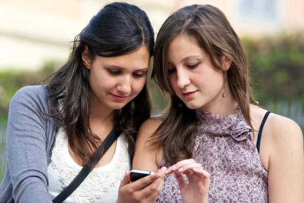 Дві подружки в парку з мобільним телефоном — стокове фото