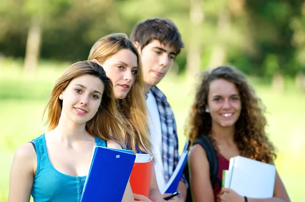 Портрет счастливые молодые студенты в парке Стоковая Картинка