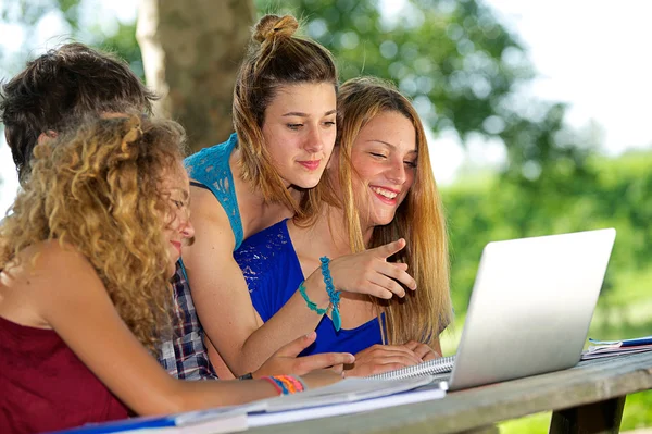 Grupo de jóvenes estudiantes que utilizan el ordenador portátil al aire libre, Italia — Foto de Stock