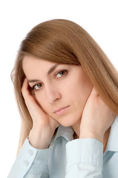 stock image The girl straightens her hair hands