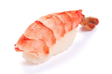 nigiri suşi. Münir. karides. Beyaz bir arka plan üzerinde.