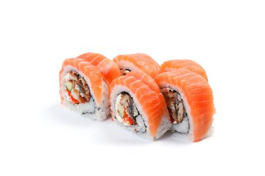 Uramaki. syake unagi maki. Beyaz bir arka plan üzerinde. somon füme