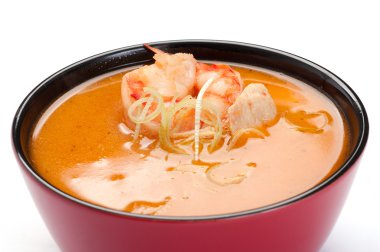 Soup. Thai soup. On a white background. Tiger shrimp, chicken, s clipart