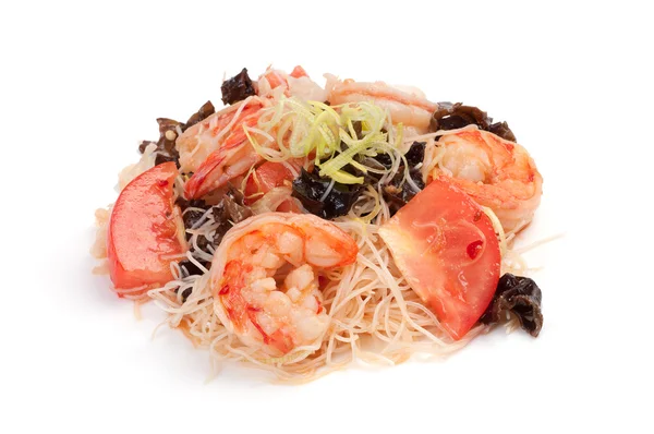 Salade. Sarada aux fruits de mer. Sur fond blanc. Crevettes tigrées, toma — Photo