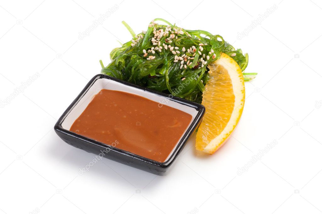 Salad. Chuck Sarada. On a white background. Algae, nutty sauce.