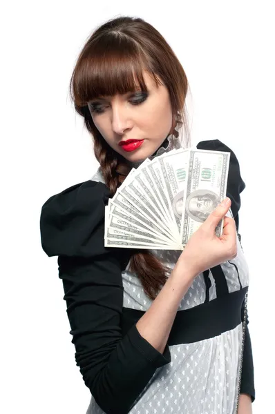 若い女の子はお金のファンを示しています。白い背景の上. — ストック写真