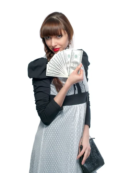 Νεαρή κοπέλα δείχνει ένας ανεμιστήρας των χρημάτων. σε λευκό φόντο. — Φωτογραφία Αρχείου