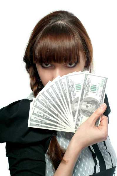 Chica joven muestra un fan del dinero. Sobre un fondo blanco . — Foto de Stock