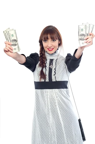 Fröhlich, ein junges Mädchen mit hellem Make-up hält das Geld in seiner Hand — Stockfoto
