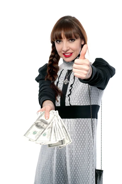 Feliz, uma jovem com maquiagem brilhante manter o dinheiro em seu han — Fotografia de Stock