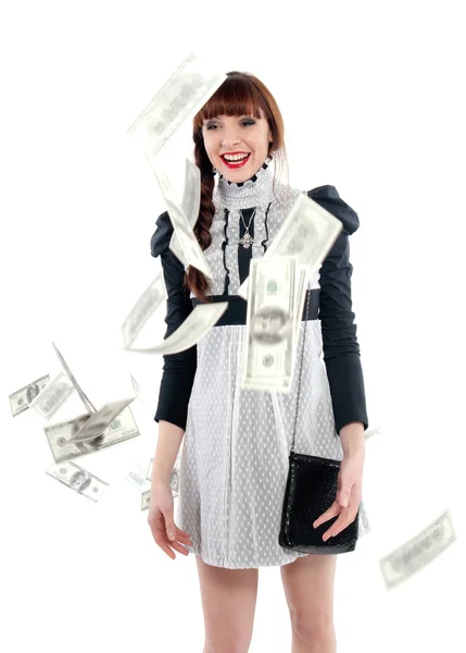 Funny girl throws money. On a white background. — Stock Photo, Image