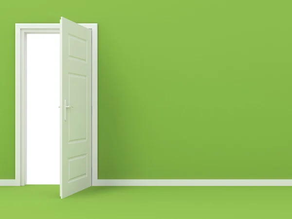 Vita öppnade dörren i grön vägg — Stockfoto