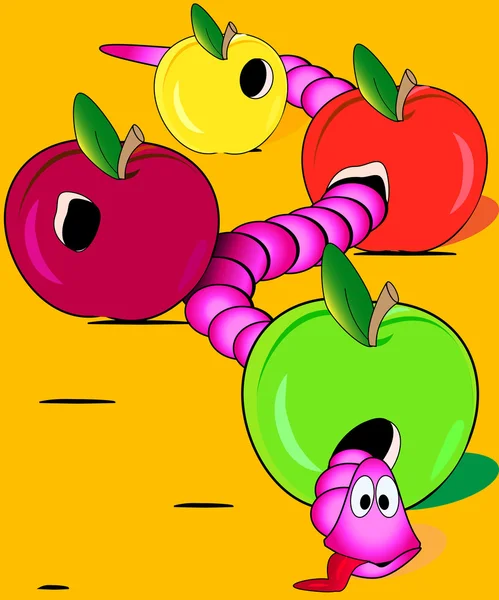 Illustratie van de worm overate de appels — Stockvector