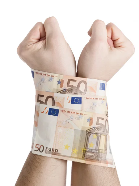 Two hands cuffed bills 50 euros — Stock Photo, Image