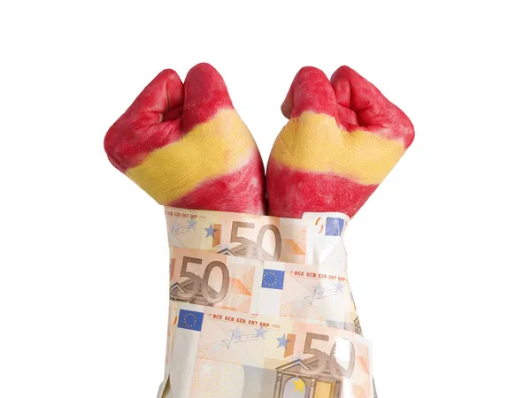 Handen geschilderd markeren Spanje geboeid 50 euro notities — Stockfoto