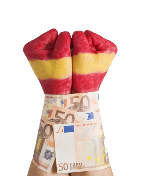 Rukou malované vlajka Španělsko spoutaný 50 euro bankovky — Stock fotografie