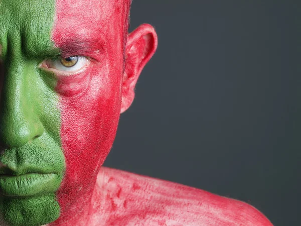 Man med hans ansikte målade med portugisisk flagg — Stockfoto
