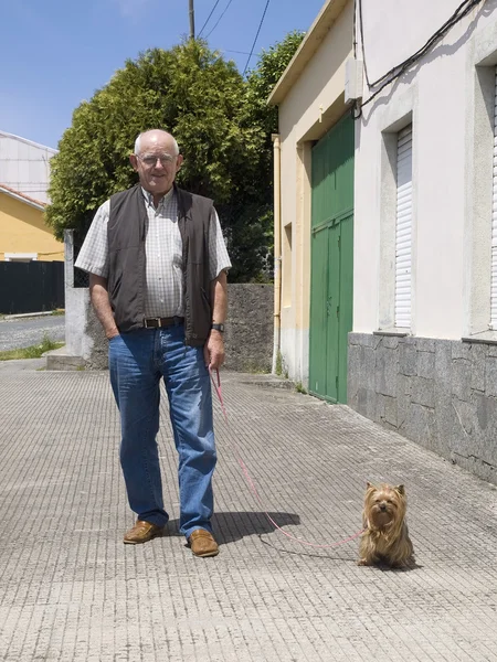 Пожилой человек выгуливает собаку — стоковое фото