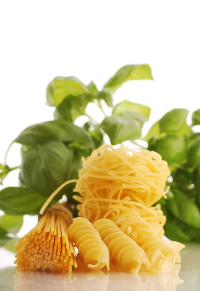 Verschillende soorten pasta met basilicum en tomaten — Stockfoto