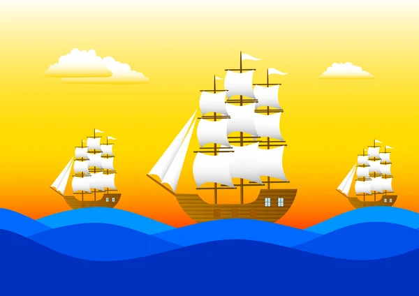 Three sailboats on blue sea — Stock Vector