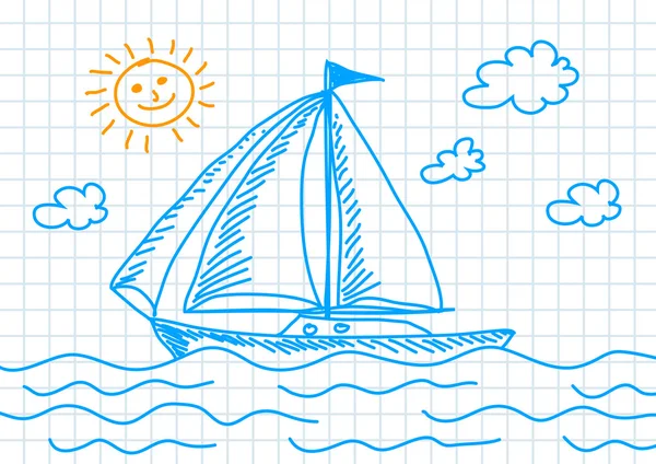 Drawing of blue sailboat — Stock Vector