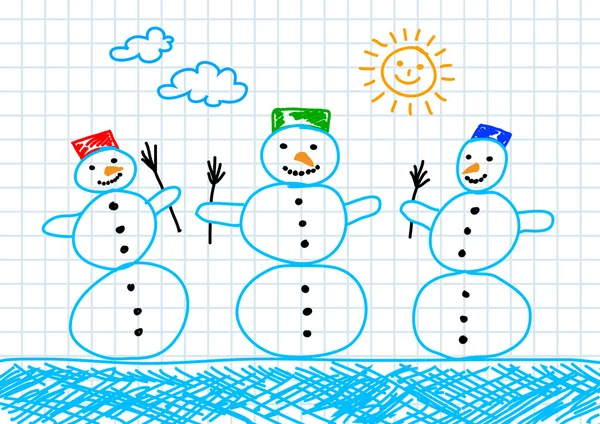 Drawing of three snowmen — Stock Vector