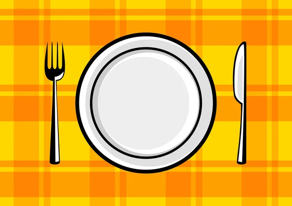 Plate and cutlery on orange cloth — Stock Vector