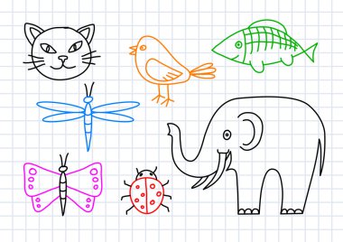 Drawings of animals on squared paper clipart