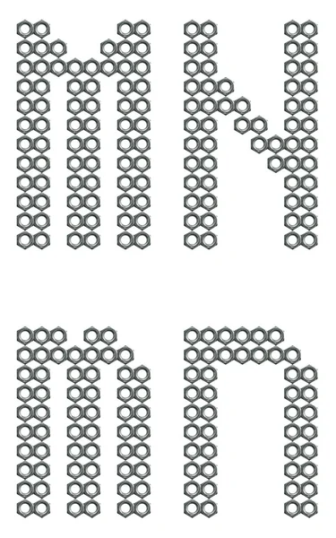 Przemysłowe śruby nakrętki czcionki, litery m i n — Zdjęcie stockowe