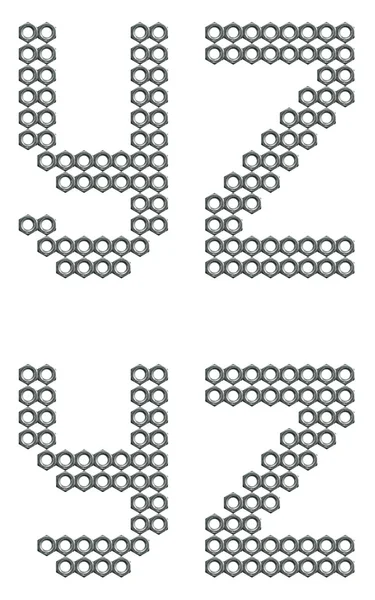 工业螺丝螺母字体、 字母 y 和 z — 图库照片