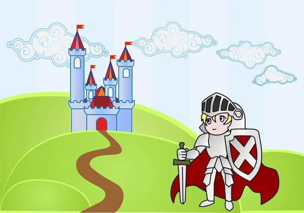 Baby knight with castle on background — Stock Vector