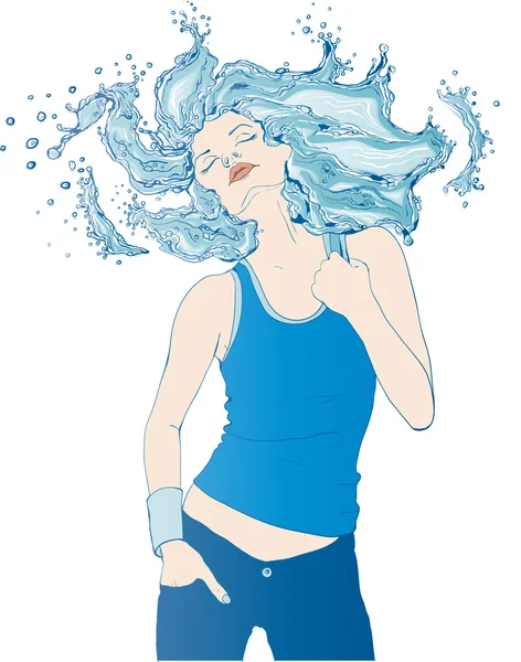 Señora con el pelo hecho de salpicaduras de agua — Vector de stock