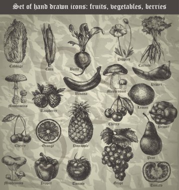 Set icon of fruits, vegetables, berries for the menu in vintage clipart