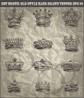 Set antique crown in old hand drawn style. VECTOR EPS 10 clipart