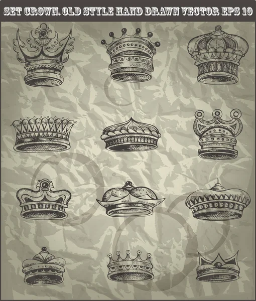 在旧手绘风格中设置古董皇冠。矢量 eps 10 — 图库矢量图片