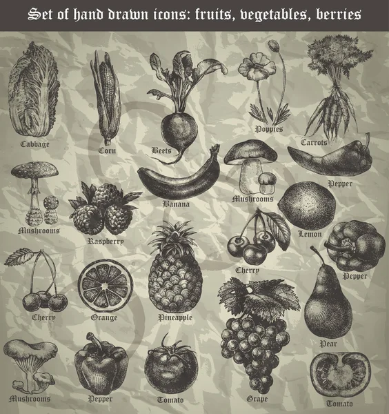 Που το εικονίδιο φρούτα, λαχανικά, μούρα για το μενού στο vintage Royalty Free Εικονογραφήσεις Αρχείου