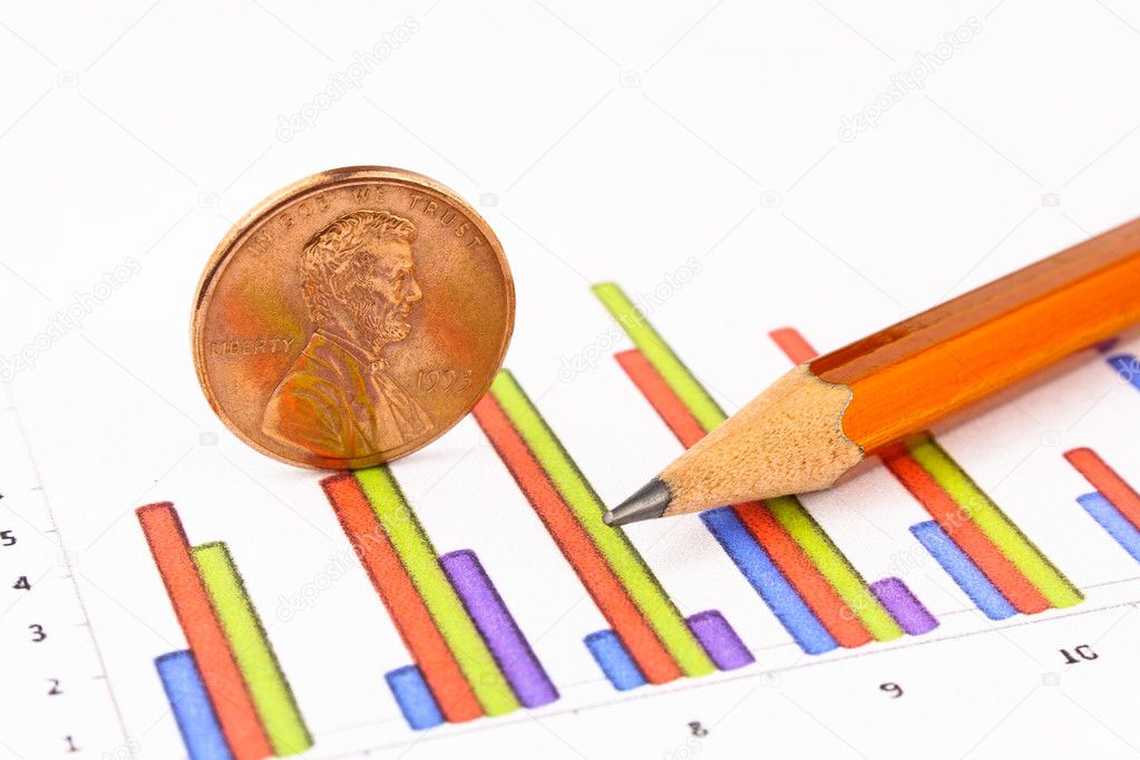 Penny coin with pencil standing on chart