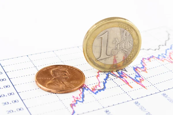 Κέρματα ευρώ και Πένυ που στέκεται στο διάγραμμα ανάπτυξης — Φωτογραφία Αρχείου