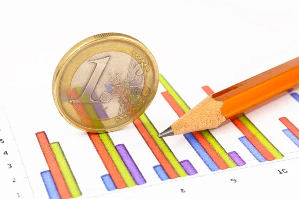 Euro coin with pencil standing on chart