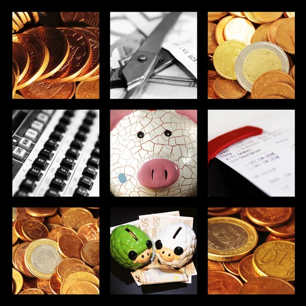 Collage of currencies and financial reasons — Stock Photo, Image