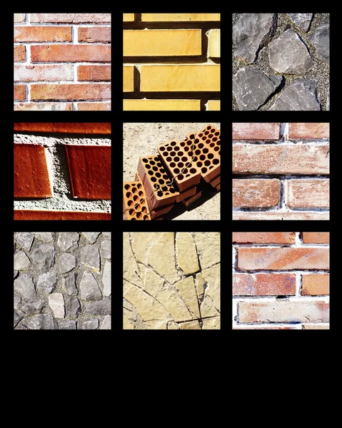 Colagem de tijolos destacando cor de fundo preto e textura — Fotografia de Stock