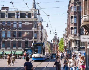 AMSTERDAM, HOLLAND - MAY 27: Tram running in the city centre amo clipart