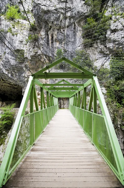 Puente de madera o pasarela por la montaña — Foto de Stock